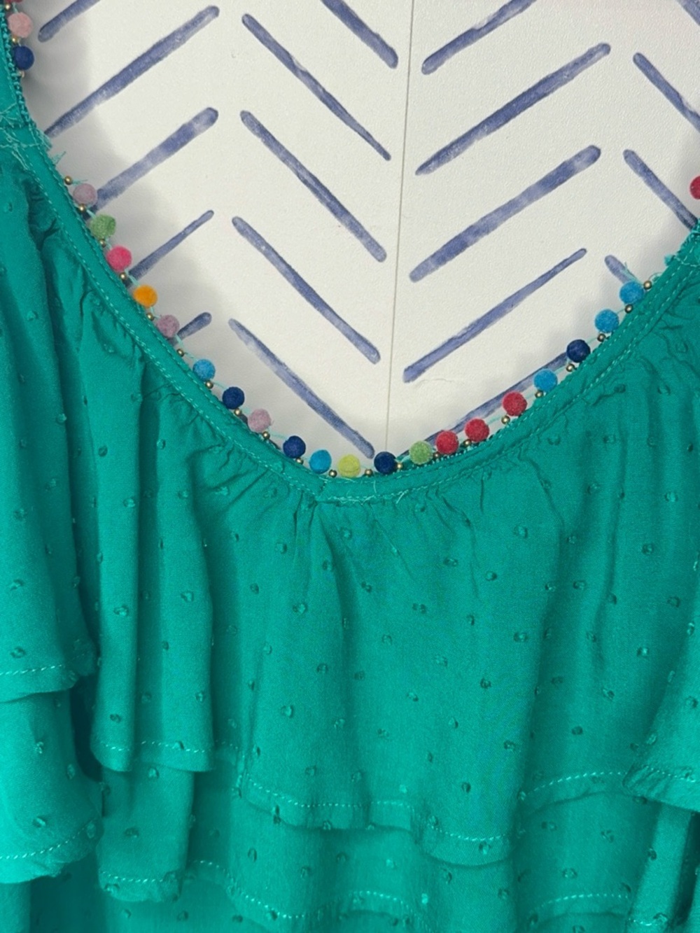 Francesca’s Swiss Dot Pom Pom Ruffled Mini Beach Dress sundress Size Small green - Picture 2 of 8